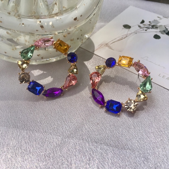 'Living' Round Rhinestone Fun Hoop Earrings - Picture 4 of 7